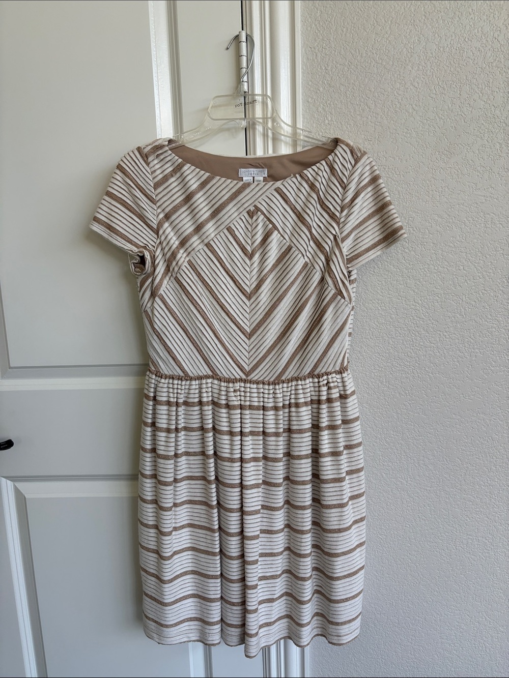 London Times Cream and Tan Striped Short Sleeve Mini Dress